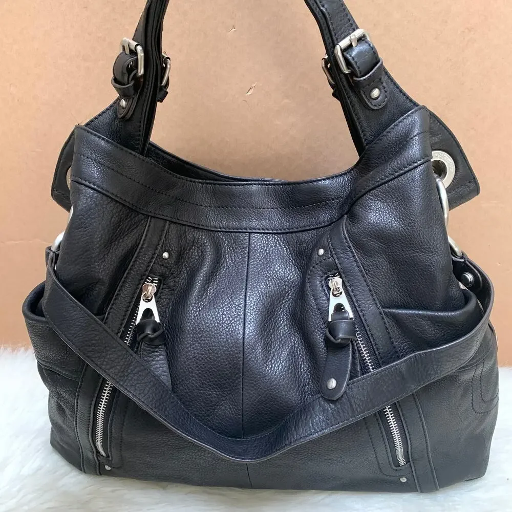 B. MAKOWSKY Extra Large Luxe Black Leather Convertible Shoulder Bag Tote